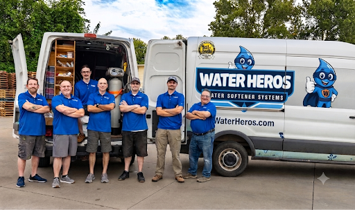 The Water Heros install team in front of the company van