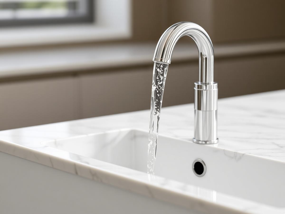 Clear water pouring from a modern kitchen faucet