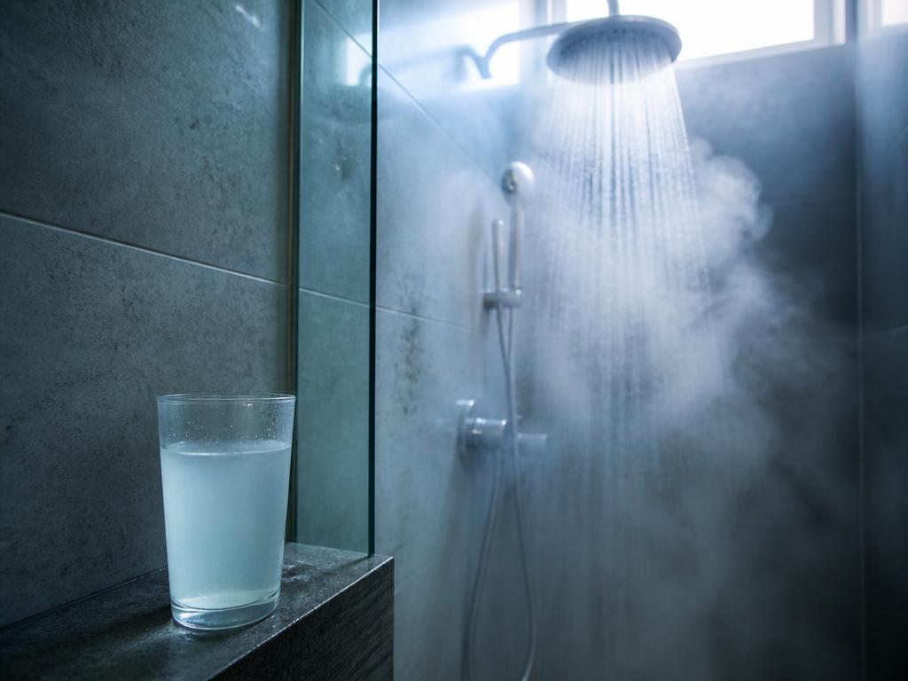 Steamy shower with a glass of tap water, illustrating chlorine smell in hot water