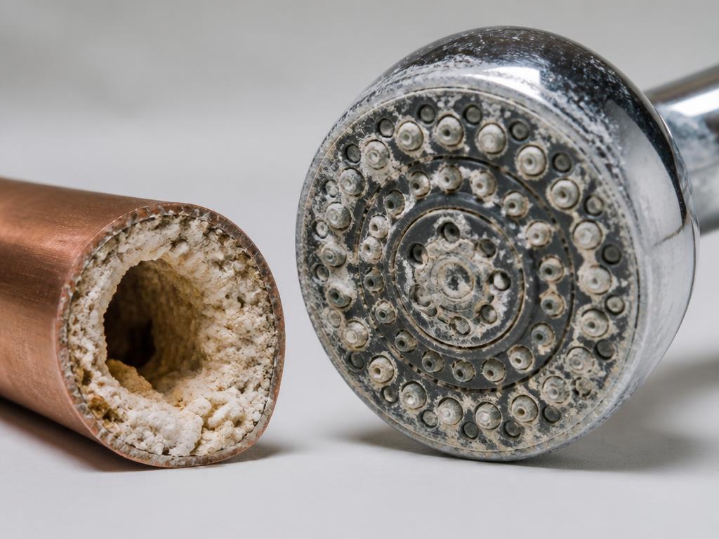 Cutaway copper pipe and shower head clogged with white calcium scale