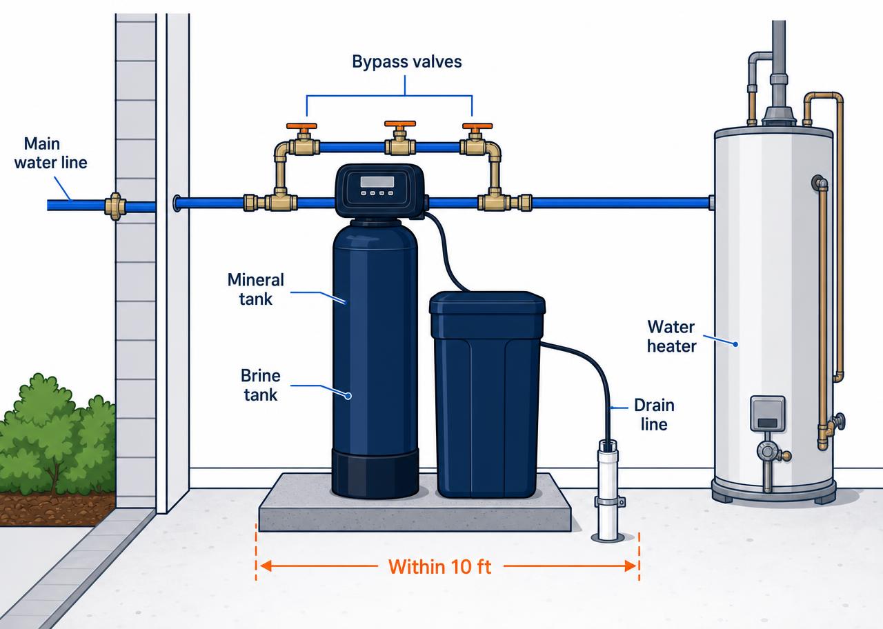 Diagram of a water softener install showing the main water line, bypass valves, mineral tank, brine tank, drain line and water heater