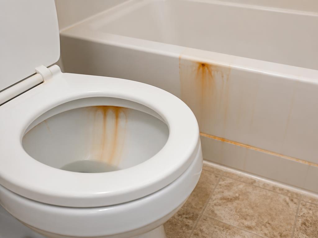Orange rust staining streaks in a white toilet bowl and bathtub