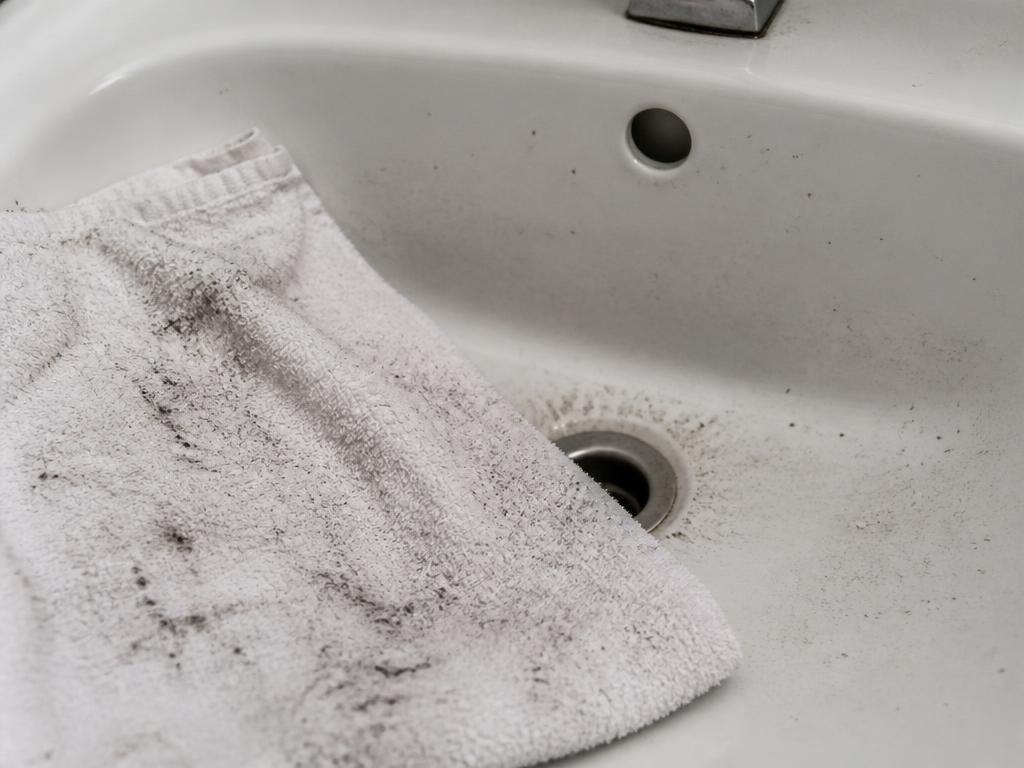 White sink and towel with black and gray manganese specks and staining