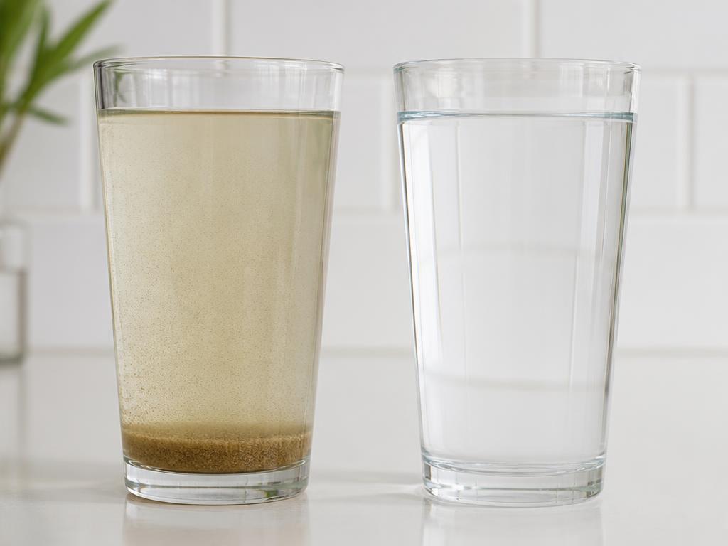 Two glasses of water side by side, one cloudy with sediment and one perfectly clear